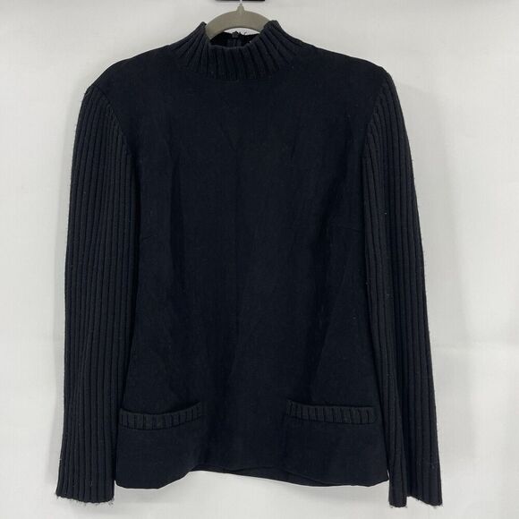 Talbots Shirt Women 12 Black Wool Stretch Mock Neck Back Zip Long Sleeve Pockets - Picture 1 of 12
